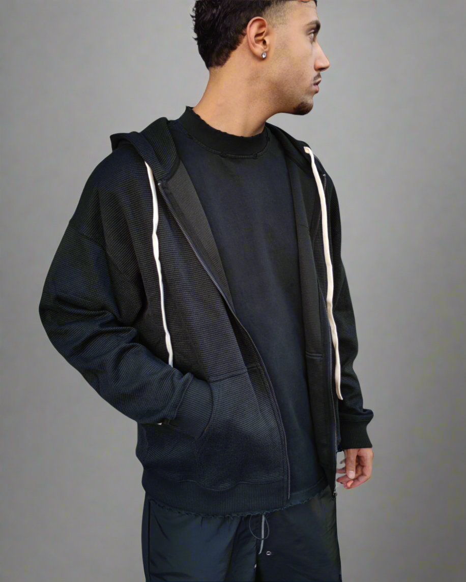 Zip hoodie effetto ribbed black