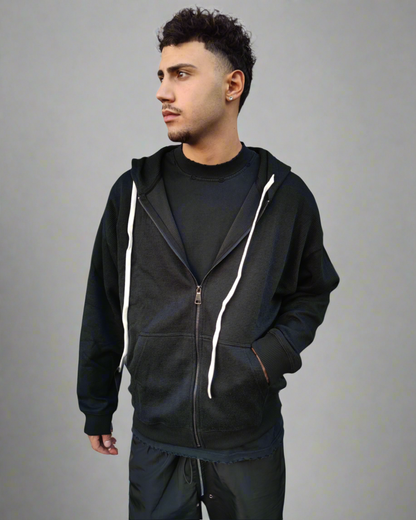 Zip hoodie effetto ribbed black